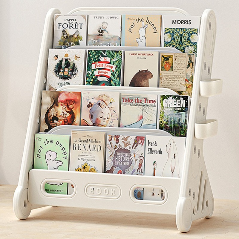 Bibliothèque enfant à présentation frontale, 4 niveaux, avec pochettes latérales